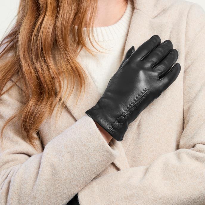 Isotoner® Ladies Cashmere Lined Leather Glove With Button Detail Black